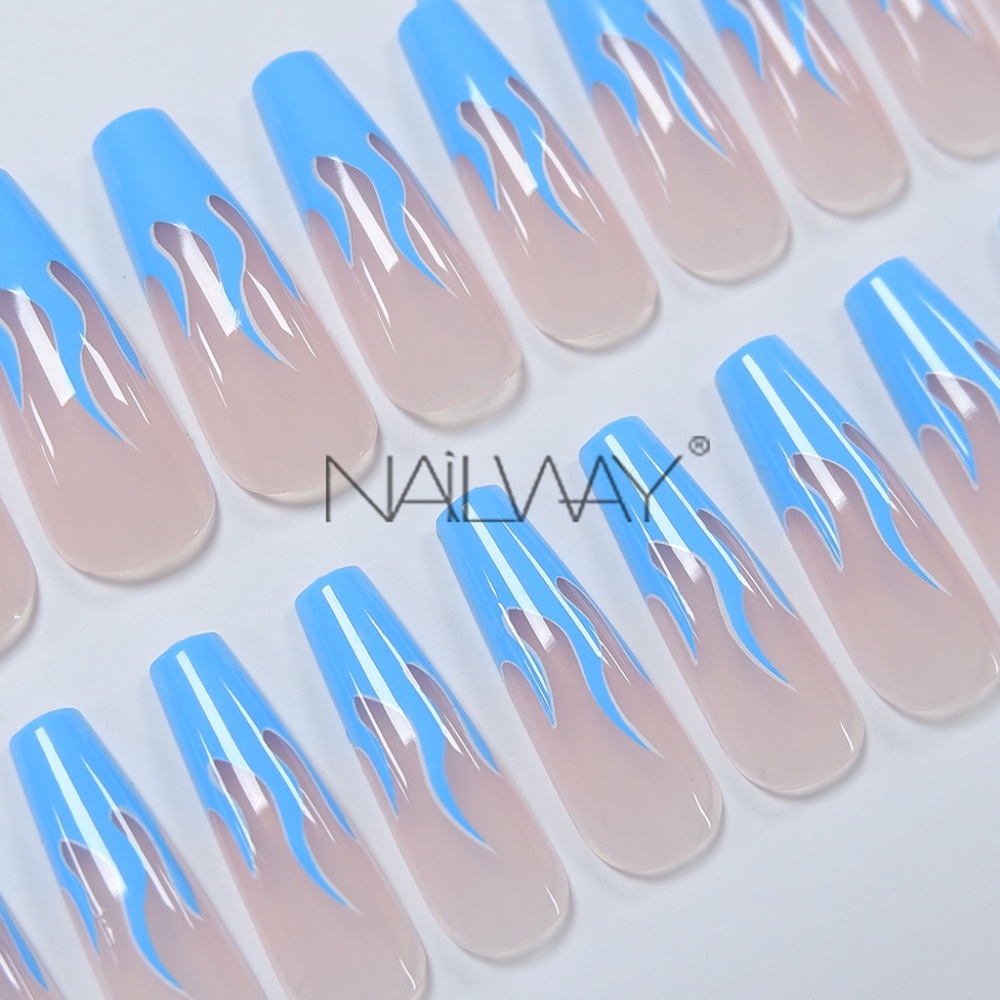 BLUE LONG COFFIN press on nails 24 pc nail set stick on fake nail with glue kit